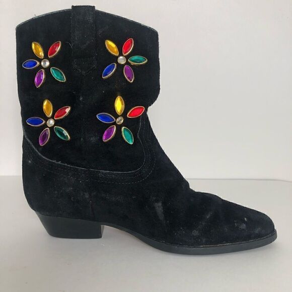 J Bar J black suede cowgirl boots with floral rhinestones on the shaft. - Picture 4 of 8